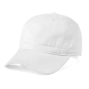 Close-up detail view of the solid white plain cotton baseball cap fabric and stitching.