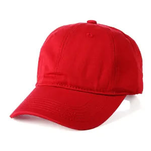 Red washed plain baseball cap detail, showing cotton fabric and breathable eyelets.