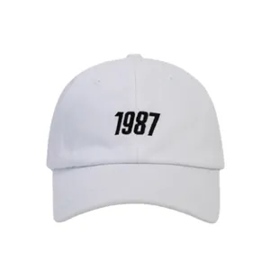 White cotton baseball cap for women and men, casual sports hat with 1987 embroidery.