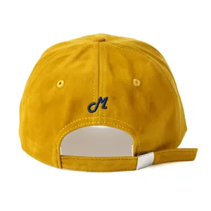 Yellow suede baseball cap back detail, adjustable metal buckle strap, blue embroidery.
