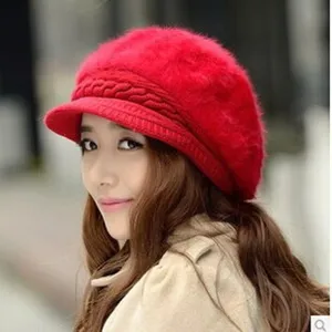 Women Winter Warm Rabbit Hair Knit Beret Hat Fashion Casual Solid Color Fleece Newsboy Cap