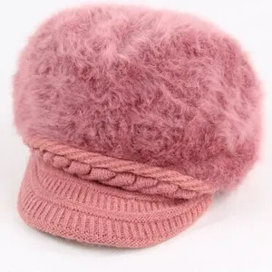 Pink women's rabbit hair knitted beret hat, cozy winter newsboy cap with braid.