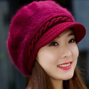 Women rabbit fur knit beret hat winter warm stylish visor cap magenta fashion casual beanie