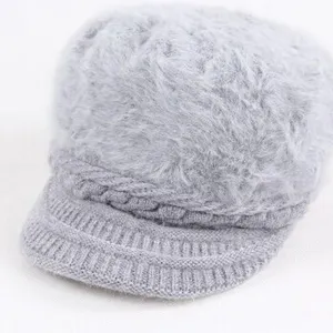 Women grey fluffy rabbit hair knitted beret hat with visor stylish winter warm cap