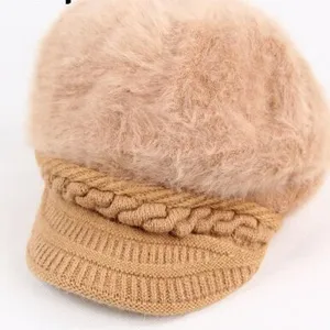 Women rabbit fur knitted beret hat autumn winter warm newsboy cap casual stylish headwear