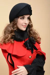 Classic wool beret hat detail, elegant black ladies winter fashion cap for daily outfit.