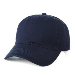 Close-up detail of the dark blue washed cotton baseball cap showing fine stitching.
