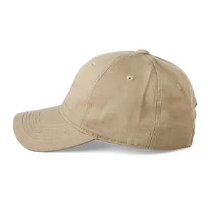Khaki washed cotton baseball cap detail, classic plain curved brim and breathable eyelets.