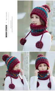 Women winter thick warm knit hat and scarf set with cute pom poms stylish beanie cap