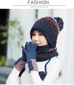 Winter warm knitted hat set for women with fleece lining, thick windproof beanie scarf gloves.