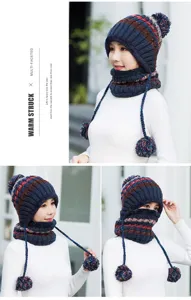 Women winter thick knitted hat set warm fleece lined earflap beanie with cute pom pom scarf