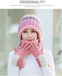 Women winter warm knitted hat plush lined earflap beanie scarf and gloves set in pink