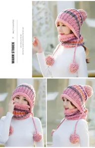 Women winter warm knitted beanie hat with earflaps and plush scarf set pink pom-pom.