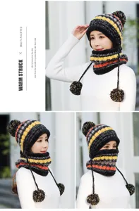 Winter warm knitted hat and scarf set for women with cute pompoms and earflaps fleece lined