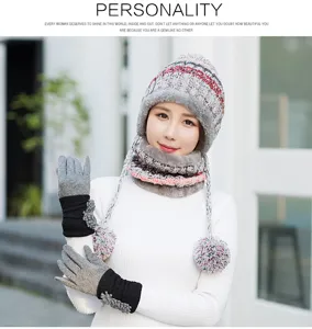Women winter warm knit beanie hat scarf and gloves set fleece lined windproof thermal gear