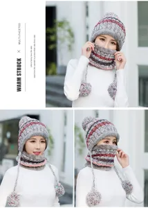 Women winter warm knit hat and neck warmer set with plush pom poms thick fleece lined beanie.