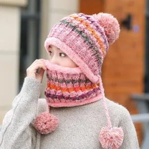 Women winter warm knitted beanie hat with plush fleece lining and cute pom pom decor.