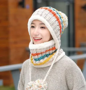 Women winter knitted earflap hat scarf set fleece lined warm cute thick woolen cap