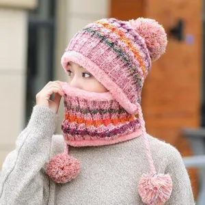 Women Winter Warm Knitted Beanie Hat Scarf Set Fleece Lined Pom Pom Earflap Cute Hat