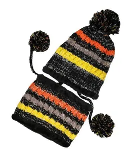 Winter warm knitted hat and scarf set with pom pom cute earflap wool cap for women.