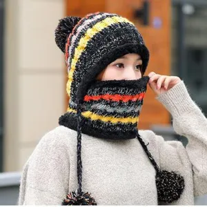 Winter women knitted hat with earflaps and bib warm fleece lined thick windproof beanie cap