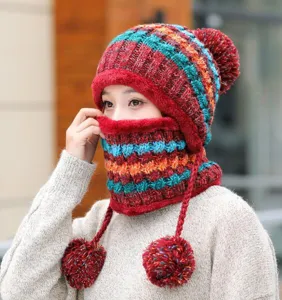 Women winter thick knitted hat with earflaps warm fleece-lined wool cap with cute pom-poms