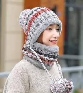 Women winter knit hat earflap warm fleece lined beanie cap with pom pom and matching scarf