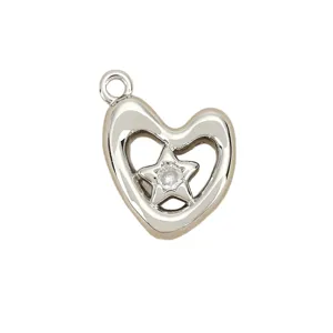 Pendentif cœur argenté avec étoile ajourée et diamant scintillant pour bijou DIY.