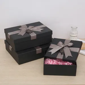 High Grade Rectangle Gift Box With Lid Black Present Box With Ribbon Bow For Birthday Party Gift Packaging Box