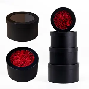 Black round window gift box set for DIY flower arrangement, elegant presentation packaging.