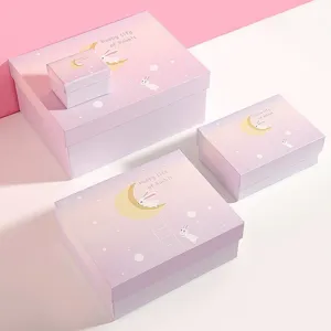 Detailed view of romantic purple rabbit gift boxes, heaven and earth cover packaging boxes.