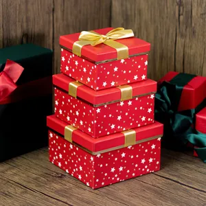 Christmas Red Gift Box With Bow And Star Pattern Lid And Base Packaging Box For Holiday Party Festival Gifting