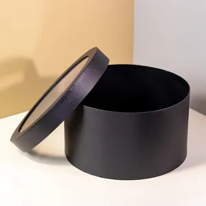 Black round gift box with transparent window lid, ideal for DIY flower arrangements, premium packaging.