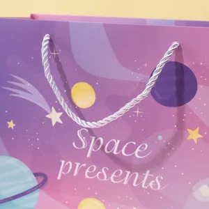 Pink space themed paper gift bag with silver rope handles for birthdays and parties