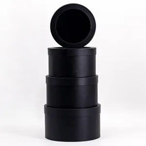 Black round paper gift box stacked detail view with transparent window design