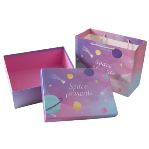 Pink starry sky gift box and matching paper bag set, ideal for presents packaging.