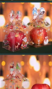 Transparent PVC Christmas apple box detail showing clear holiday packaging and festive art.