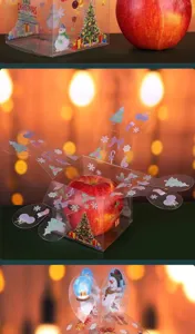 Transparent PVC Christmas apple box detail showing festive tree and snowman prints clearly.