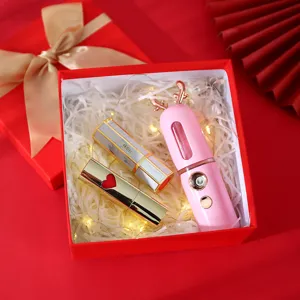 Gift box detail view featuring a cute pink facial mister and portable perfume atomizer.