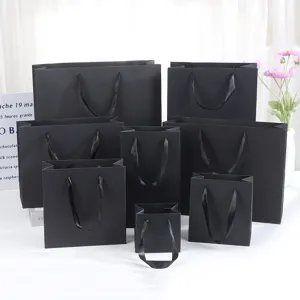Black paper gift bags with ribbon handles, multi-size luxury shopping gift bags.