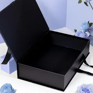 Black gift box with ribbon book shape packaging for birthday party wedding and holiday gifts