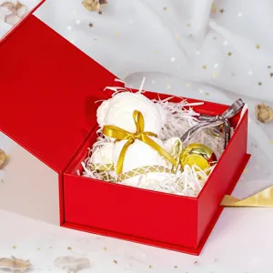 Red gift box set with a cute towel bear and glass bottle, perfect for Valentine's Day.