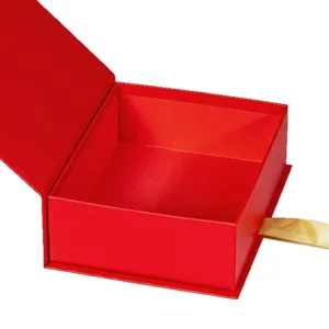 Red gift box with gold ribbon, elegant book shape flip design for Valentine's Day and birthdays.