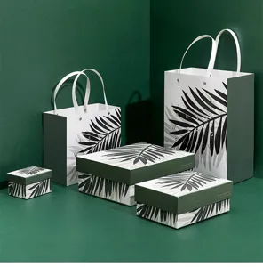 Green leaf gift box packaging set, elegant rectangular paper gift boxes and paper bags.