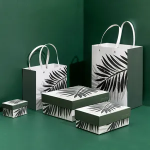 Green Leaf Pattern Rectangular Lid And Base Gift Box Paper Bag Set Empty Packaging Box For Present Storage