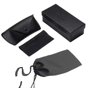 Black glasses case set including leather case, hard box, cleaning cloth, and pouch.