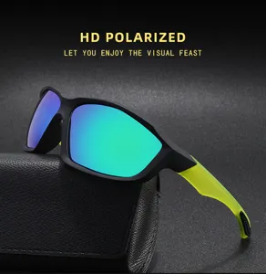 Outdoor cycling polarized sunglasses detail shot, showcasing green lenses and neon yellow frame.