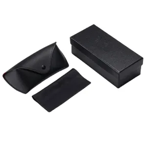 Black leather folding sunglasses case with cleaning cloth and storage box detail view