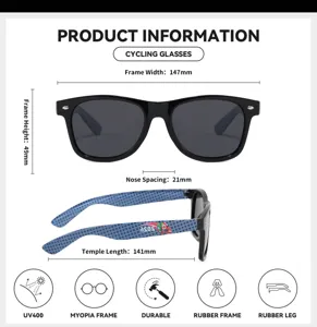 Spécifications détaillées des lunettes de soleil de cyclisme avec dimensions et icônes.