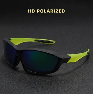 Outdoor cycling polarized sports sunglasses with black frame and neon green temples for fishing.